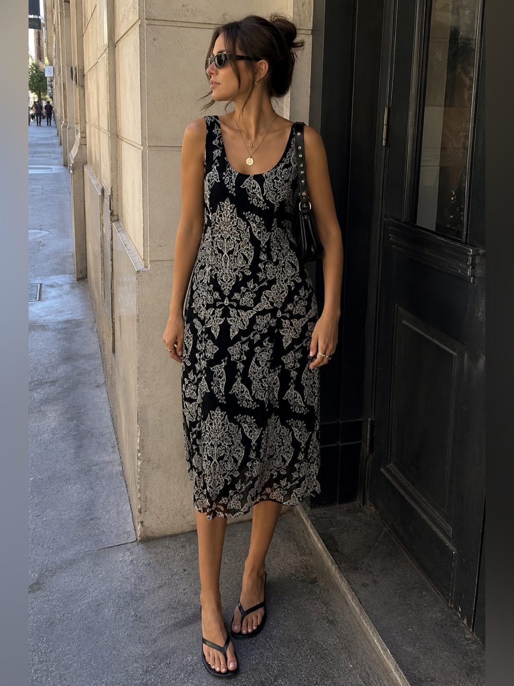 VINTAGE Y2K Floral Bandana Print Midi Dress Medium Black‎ Sheer Floaty Party